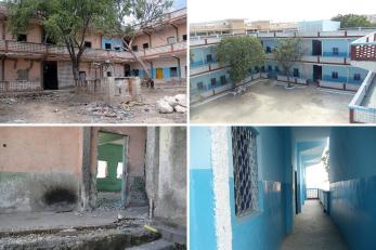 Before and after images of school courtyard and interior