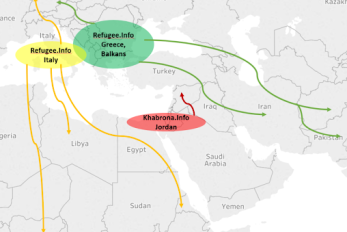 Map demonstrating information flows from target populations to destination countries and migration routes.