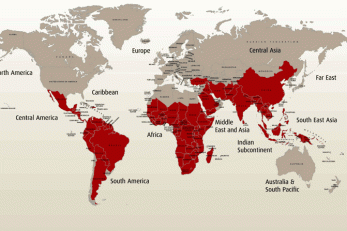 Map of the areas (in red) around the world where malaria is still endemic and threatening lives. Photo: courtesy of Wikipedia