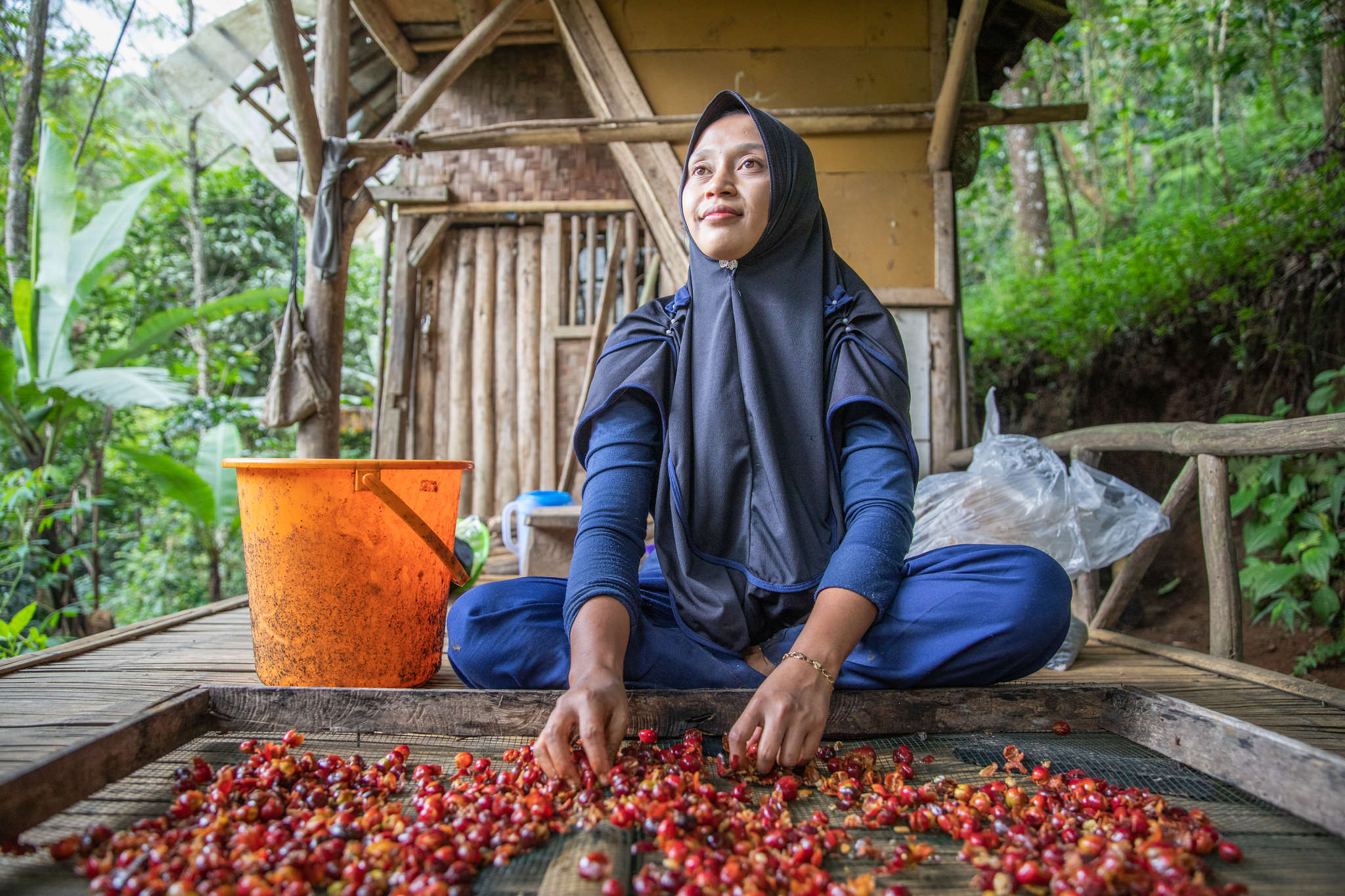 A coffee farmer processing coffee berries.