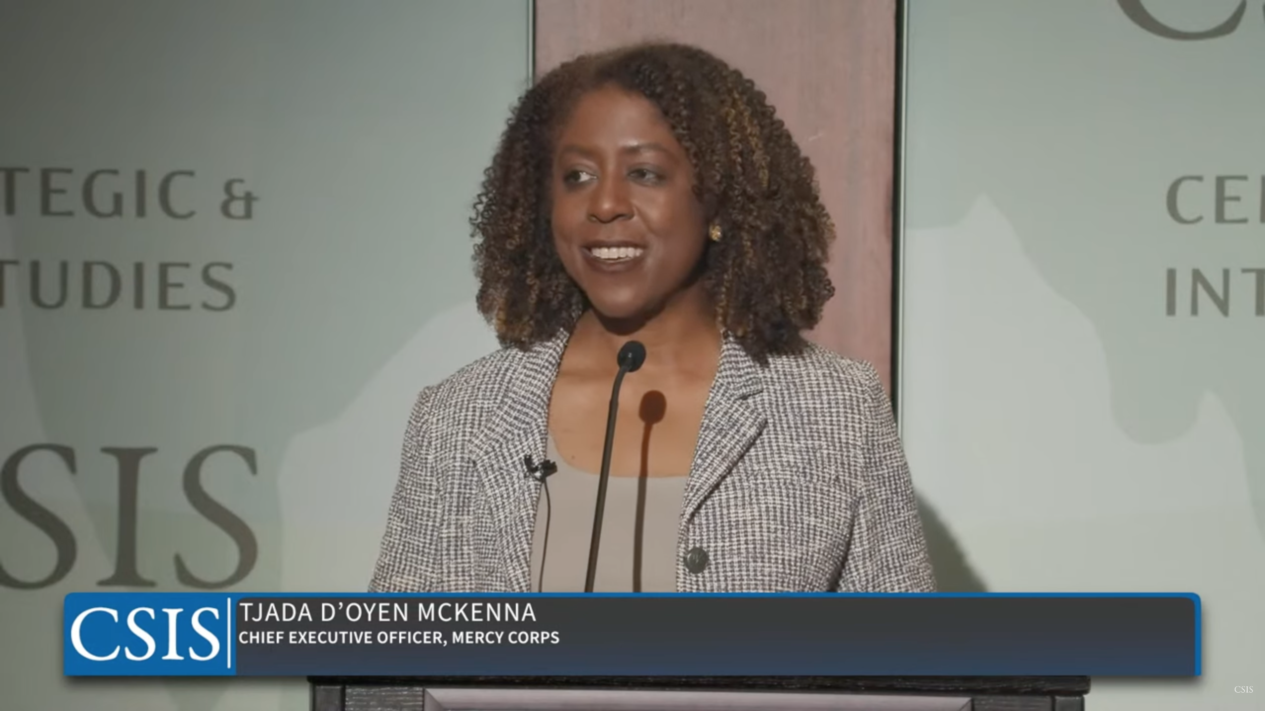 Mercy Corps, CEO Tjada D’Oyen McKenna speaking at the CSIS forum.