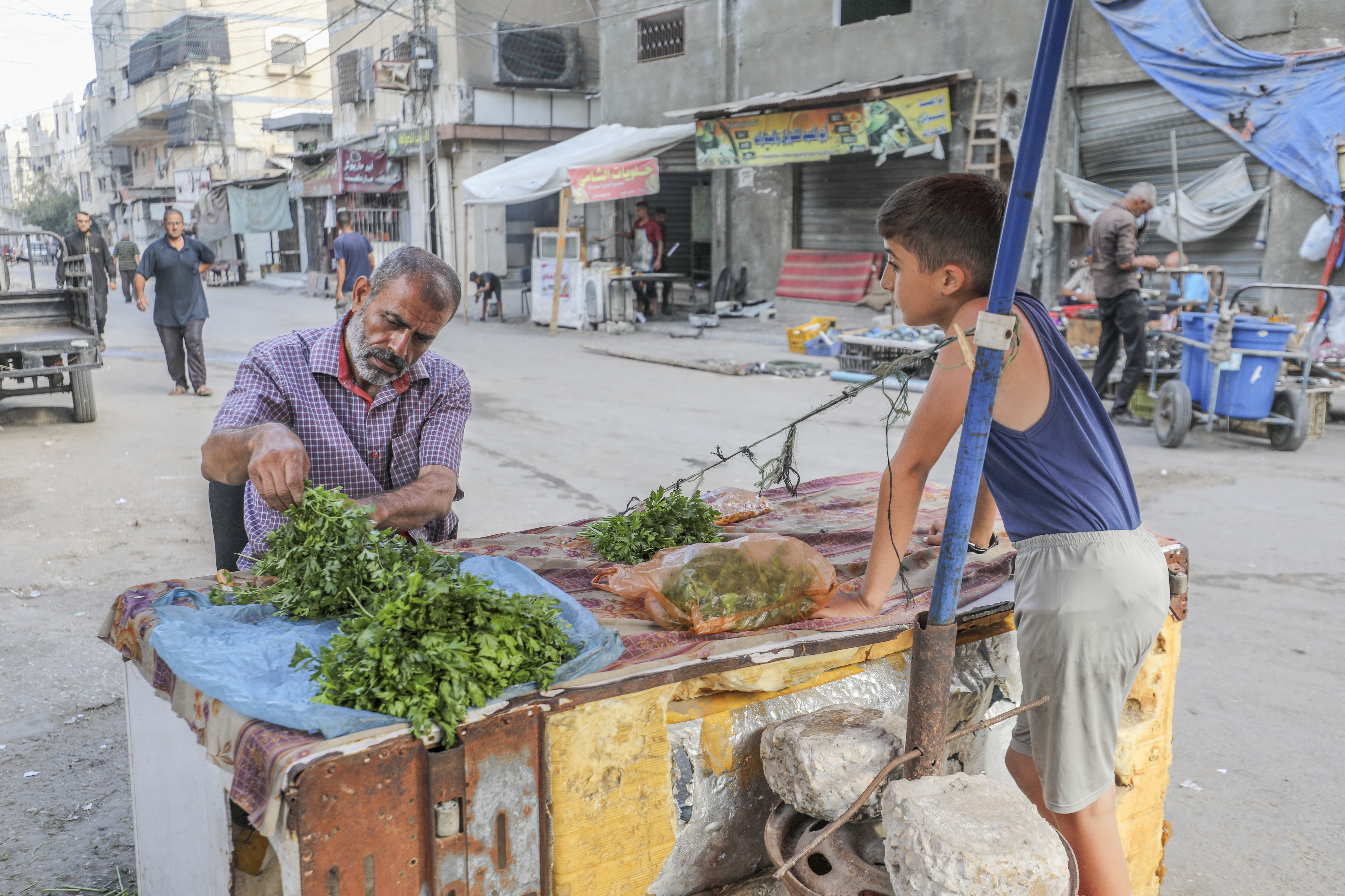 Palestinian street vendors prepares herbs to be sold as child looks on.