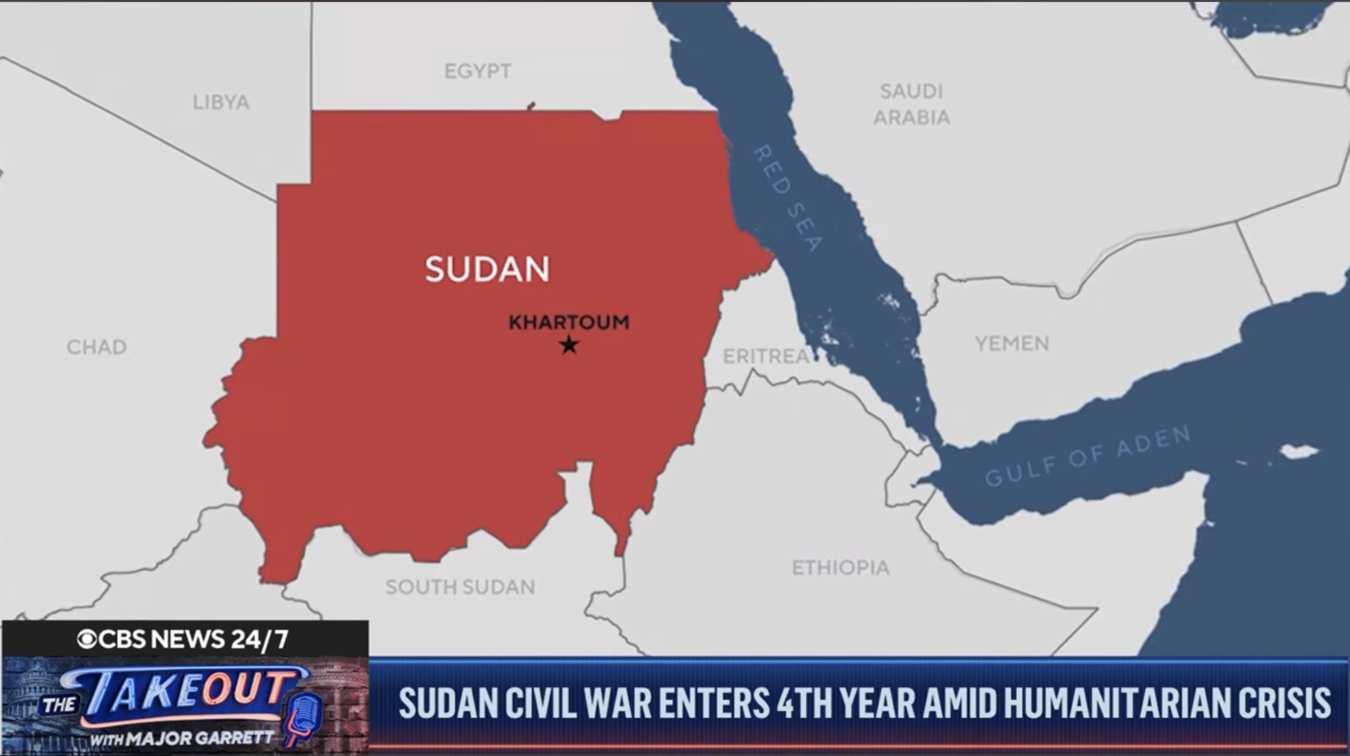 Graphical map of sudan; a screenshot from a newscast.