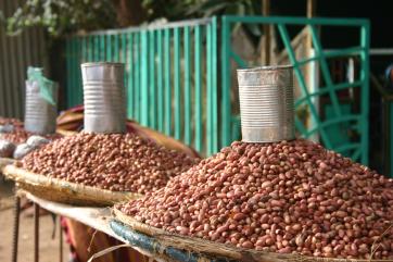 Piles of beans in ethiopia with metal cans on top of them