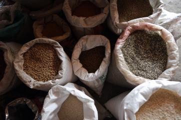 Open sacks of grain in nepal