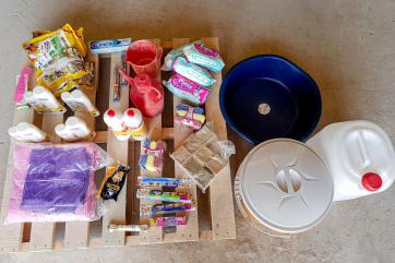 Hygiene kit on a pallet.