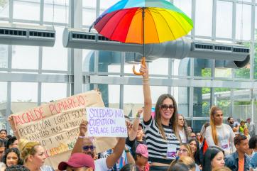 Attendees showing support for lgbtq rights on international day against homophobia, biphobia, and transphobia.