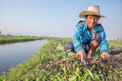 Myanmar farmer in his field next to water channel