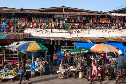 A series of stores in the waterside market section of monrovia, liberia.