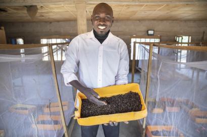 Nigerian man stands in food systems environment, smiling.