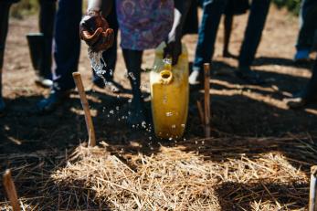 Hands pouring water onto ground