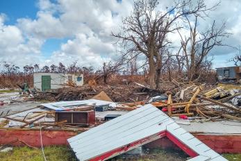 Rubble and the foundation of a destroyed home in the bahamas