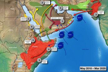 A weather map with colorful images, numbers, arrows, and symbols to demonstrate weather patterns between may 2018 and march 2020.