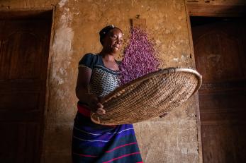 A person sorting beans inside their home.