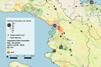  map showing conflict events and changes in crop quality (vegetation index anomalies) around artibonite.