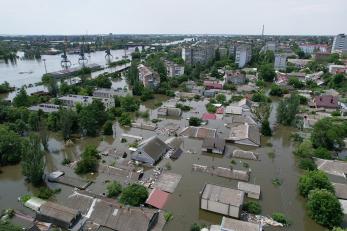 Residential buildings in a flooded area on june 8, 2023 in kherson, ukraine.
