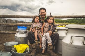 Enkh erdene pictured in rural mongolia with two daughters