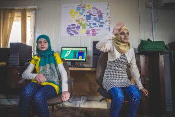 Two girls at the makani center (mercy corps youth safe space) in zaatari refugee camp