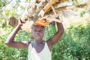 Young woman with a harvest of lumber