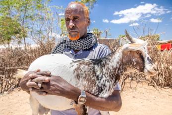 Ethiopian man holds a goat.