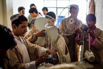 Young men participate in a wiring course through Mercy Corps' job skills training program in Afghanistan. We recently added life skills education to the curriculum to help young people cope with the setbacks they face in addition to unemployment. All photos: Will Carter for Mercy Corps