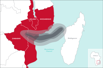 A map showing the storm path of Cyclone Idai, which struck between Madagascar and the coast of Mozambique, and has heavily impacted Zimbabwe