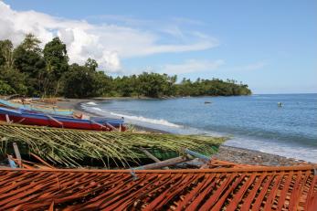 Coastline in the Maluku Islands with small boats lining the shore