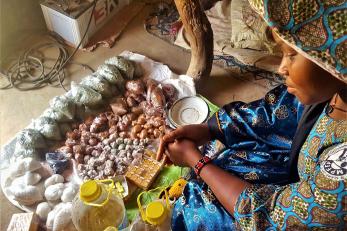 A woman is pictured with some ingredients laid out on the floor