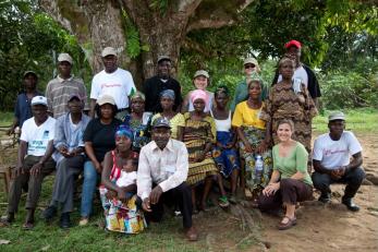 Mercy Corps staff and beneficiaries at an 80-acre cocoa farm that we're working to rehabilitate in Grand Bassa County, helping farmers re-establish it as a new business.