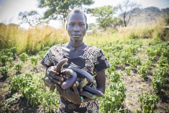 Grace holding ripe eggplants