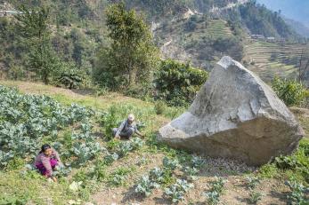 Two nepalese farmers next to boulder in their field