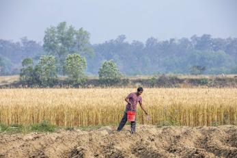 Nepalese farmer in agricultural setting.