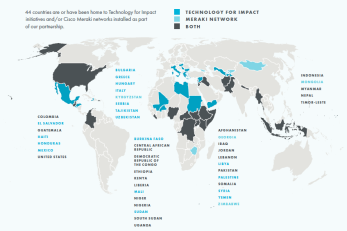 A map of the world showcasing counties that have been home to technology for impact initiatives.