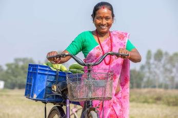 Bindra Devi Choudhary, 49, brings her bananas to the market on the back of her bicycle.