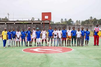 Participants attending an event at a refurbished youth opportunity center, which offers mentoring, supported by Mercy Corps in Buchanan, Liberia..