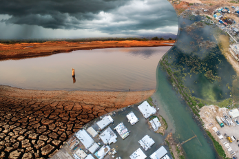 A composite photo of drought stricken and flood stricken landscapes.