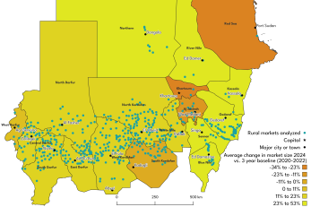 A map of Sudan showing rural markets detected by satellite, and the changes in rural market size pre- to post-conflict.