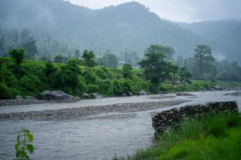 Gabion wall protecting river banks in Nepal.