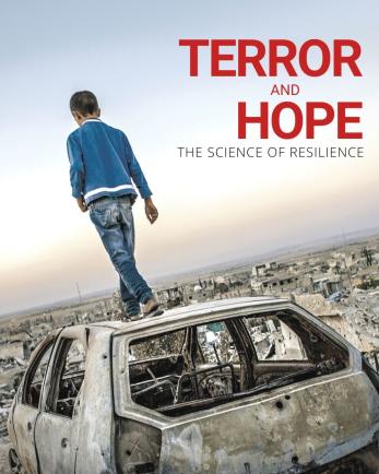 A young person walks on the roof of a destroyed vehicle among the rubble of a destroyed city with the documentary title floating overhead reading terro and hope, the science of resilience.