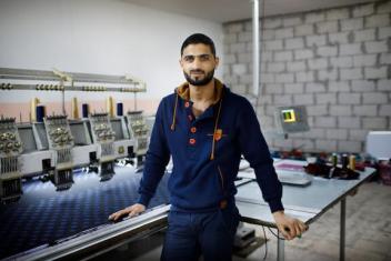 Photos 1 and 2, Bashar in 2015, working at a small textile factory in northern Jordan. Photos 3 and 4, Bashar in 2018, still working 70-hour weeks at the factory. PHOTOS: Peter Biro and Annie Sakkab for Mercy Corps