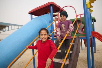 Tasneem Ammar Altamaki, 9, fled Syria 14 months ago. “I lost my home… We were happy there and how sad we are now. I miss going for walks and places alone. I’m afraid of the dogs and rats here, but cats make me happy. And I like the playground because it has slides and swings. It’s an amazing place, I love coming here with my friends.”