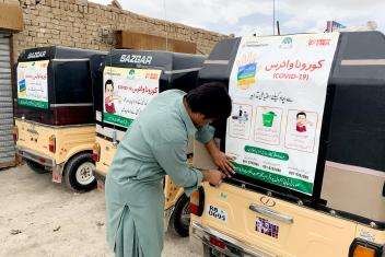 In Pakistan, our teams are posting public awareness messages regarding COVID-19 on rickshaw vehicles.