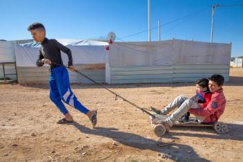 Mohammed (wearing a pink shirt) was only four years old when the violence erupted in Syria and his family fled to Za’atari refugee camp in Jordan. The conflict has continued for 10 years and remains one of the world’s worst humanitarian crises. (Photo: Ezra Millstein, 2019)