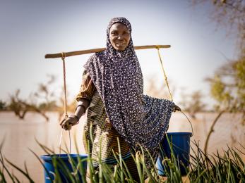 Woman in patterned scarf balancing two blue buckets across her shoulders using a stick