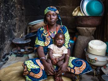 Woman and child sitting at home