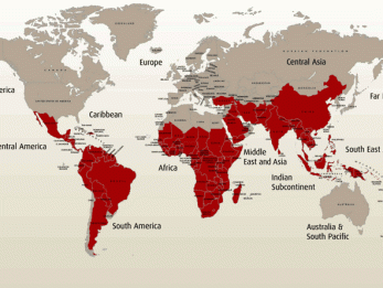 Map of the areas (in red) around the world where malaria is still endemic and threatening lives. photo: courtesy of wikipedia
