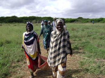 Women walking through field