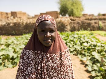 A person standing near rows of crops.