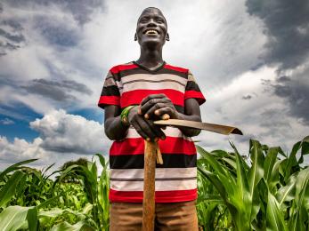 A farmer poses in their maize field.
