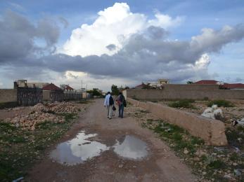 Two people walking on a path together.